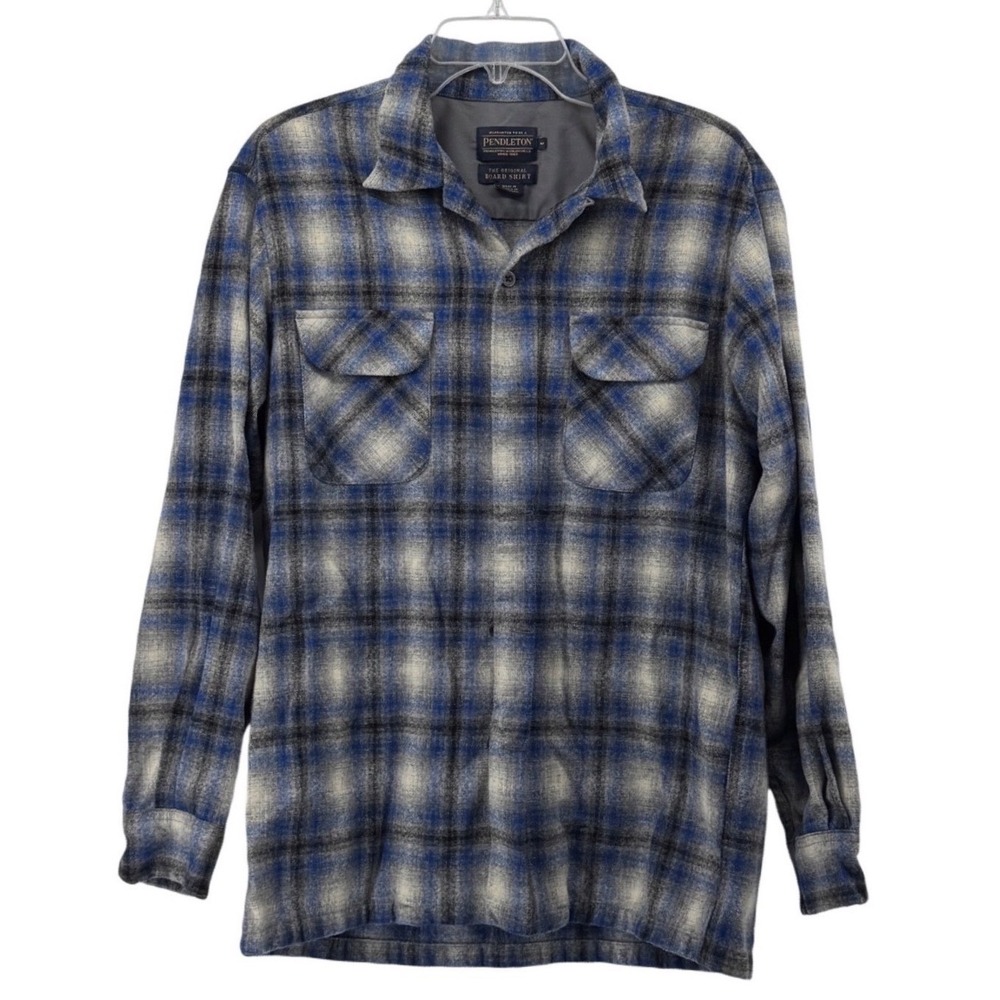 Pendleton Board Shirt Men Medium Blue Grey Plaid 100% Virgin Lace Wool Button Up